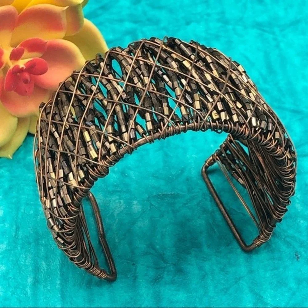 🌼 Copper Brown Color Bead Wrapped Cuff Bracelet